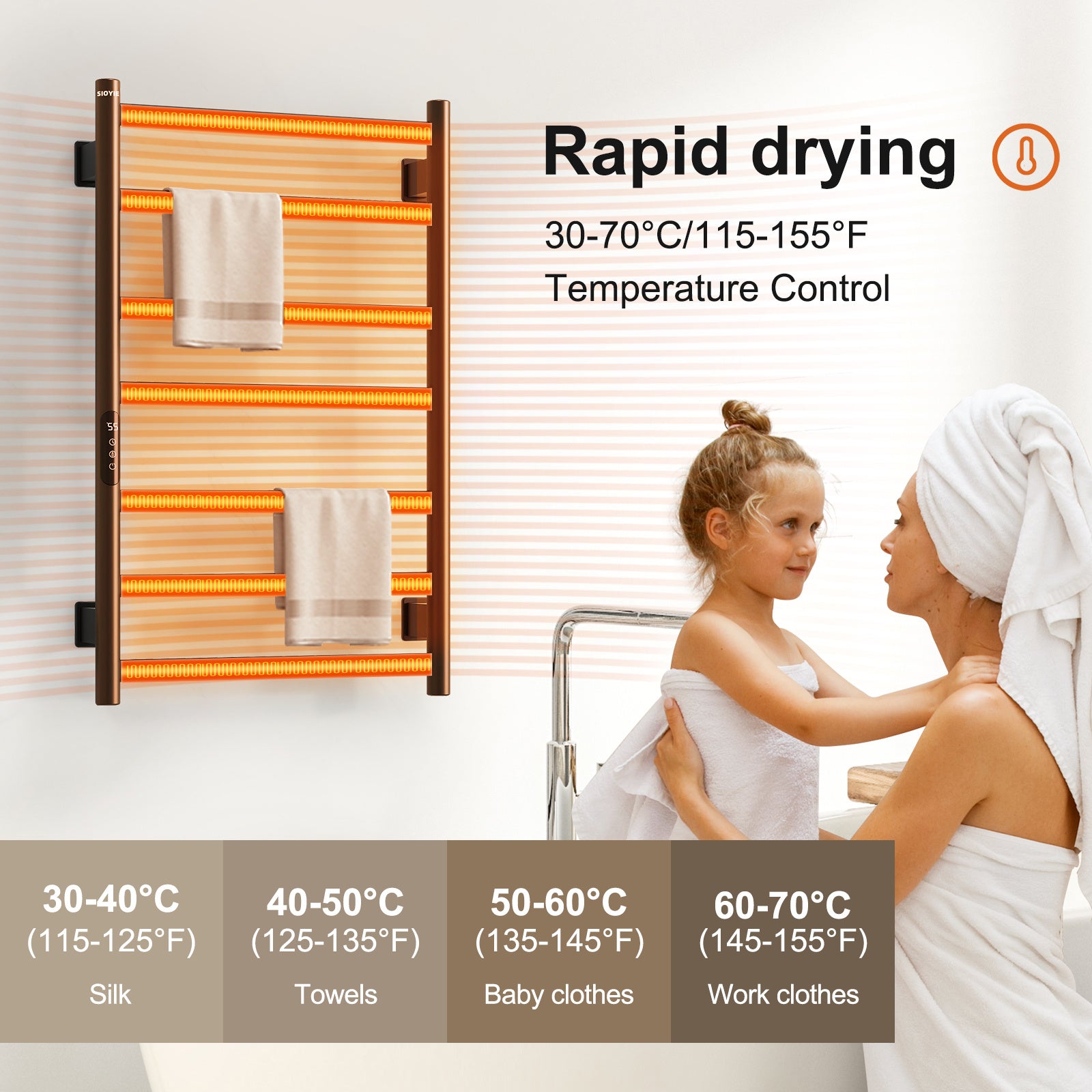 SIOYIE Towel Warmer Bathroom Wall Mounted 6 Bars Electric Towel Drying, 150 W 500 800 MM Heated Towel Rack With Intelligent Touch Screen Timer And Temperature Control Black Right